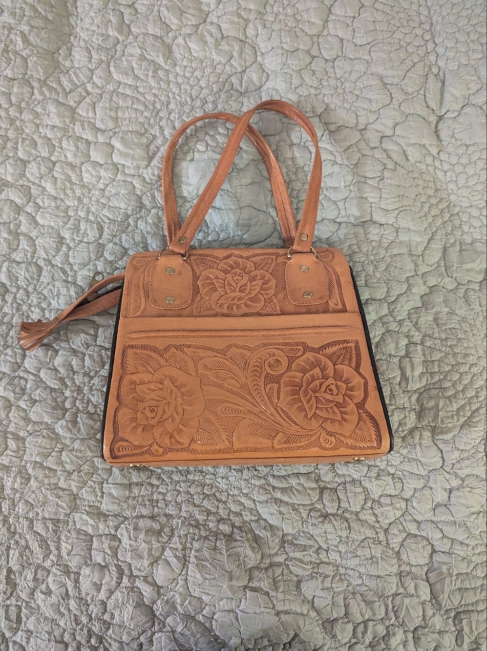 Hand-Tooled Floral Leather Tote Bag - Tan
